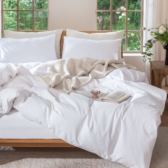 MooMee 100% Washed Cotton Duvet Cover Set Cal-King Linen Like Textured Breathable Lightweight 3-Piece (Bright White, 104"x98")