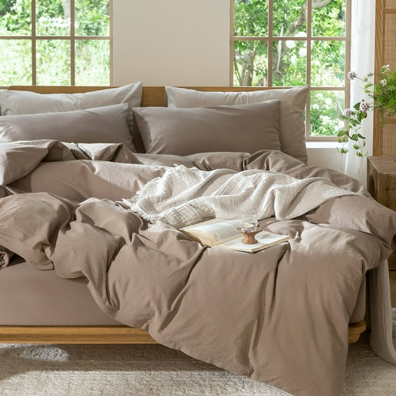 MooMee Duvet Cover Set Queen 100% Washed Cotton Linen Like Textured Breathable Lightweight 3-Piece (Brown, 90"x90")