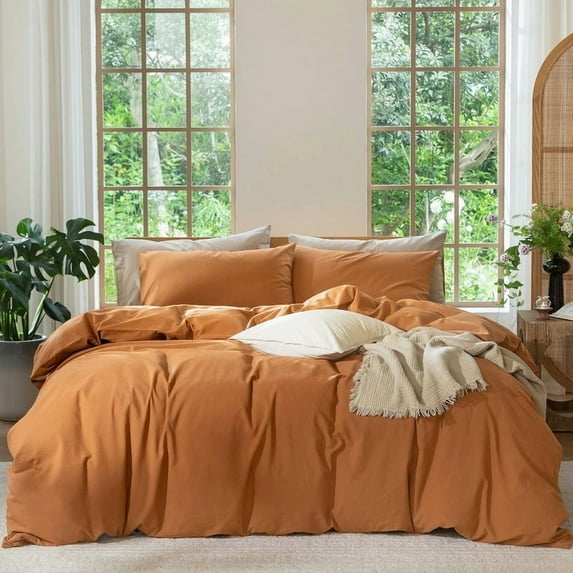 MooMee 100% Washed Cotton Duvet Cover Set Cal-King Linen Like Textured Breathable Lightweight 3-Piece (Burnt Orange, 104"x98")
