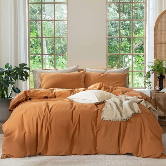 MooMee 100% Washed Cotton Duvet Cover Set Oversized King Linen Like Textured Breathable Lightweight 3-Piece (Burnt Orange, 120"x98")