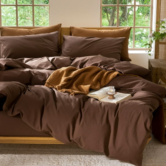 MooMee 100% Washed Cotton Duvet Cover Set Cal-King Linen Like Textured Breathable 3-Piece (Cocoa Brown, 104"x 98")