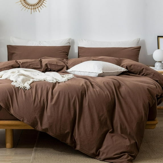 MooMee Washed Cotton Duvet Cover Set Linen Like Textured Breathable 3-Piece (Cocoa Brown, Full)