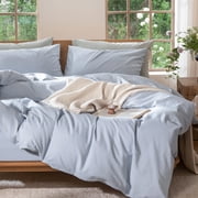 MooMee 100% Washed Cotton Duvet Cover Set King Size Linen Like Textured Breathable Lightweight Soft 3-Piece Cornflower Blue, 104x90