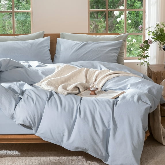 MooMee 100% Washed Cotton Duvet Cover Set Oversized King Linen Like Textured Breathable Lightweight Soft 3-Piece (Cornflower Blue, 120"x98")