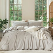 MooMee Duvet Cover Set King 100% Washed Cotton Linen Like Textured Breathable 3-Piece Cream Grey, 104x90