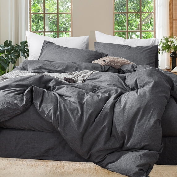 MooMee Duvet Cover Set King 100% Washed Cotton Linen Like Textured Breathable Soft Lightweight 3-Piece (Dark Grey, 104"x90")