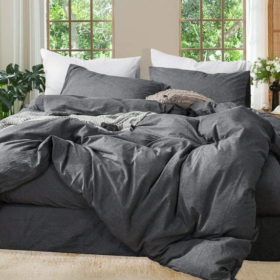 MooMee Washed Cotton Duvet Cover Set Linen Like Textured Breathable 3-Piece (Dark Grey, Queen)