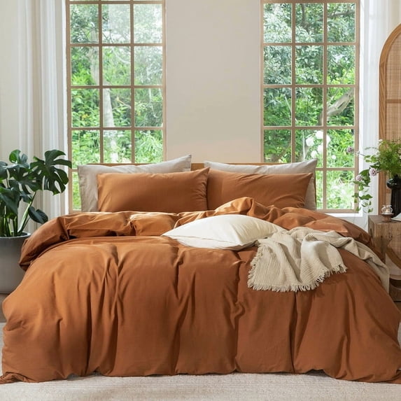 MooMee 100% Washed Cotton Duvet Cover Set Full Size Linen Like Textured Breathable Lightweight 3-Piece (Dark Orange, 80"x90")