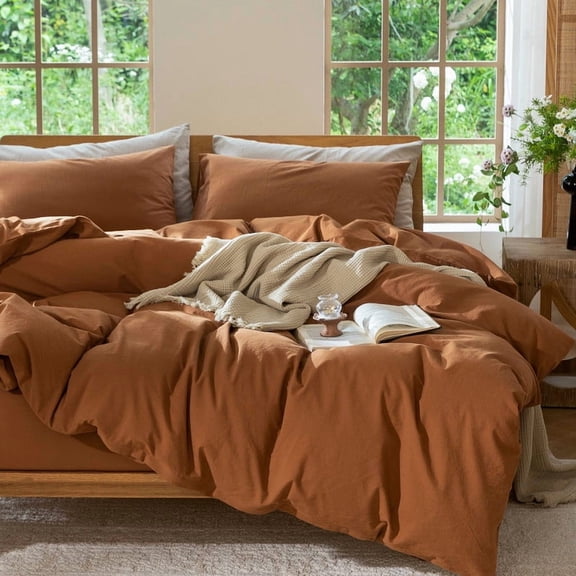 MooMee 100% Washed Cotton Duvet Cover Set Queen Size Linen Like Textured Breathable Lightweight 3-Piece (Dark Orange, 90"x90")