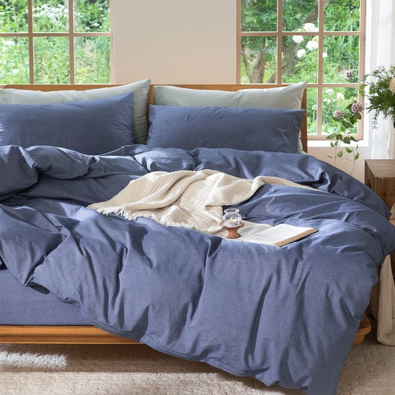 MooMee 100% Washed Cotton Duvet Cover Set Full Linen Like Textured Breathable 3-Piece (Denim Blue, 80"x90")