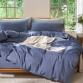 thumbnail image 1 of MooMee 100% Washed Cotton Duvet Cover Set Queen Linen Like Textured Breathable 3-Piece (Denim Blue, 90"x90"), 1 of 7