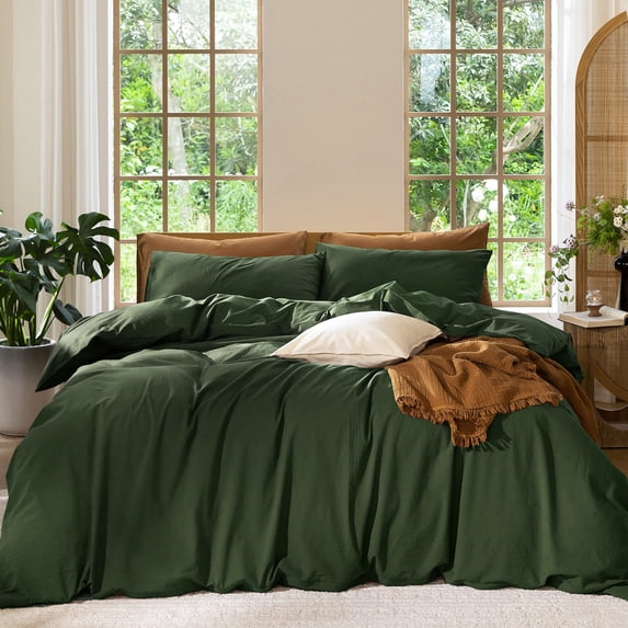MooMee Duvet Cover Set King 100% Washed CottonLinen Like Textured Breathable 3-Piece (Forest Green, 104"x90")