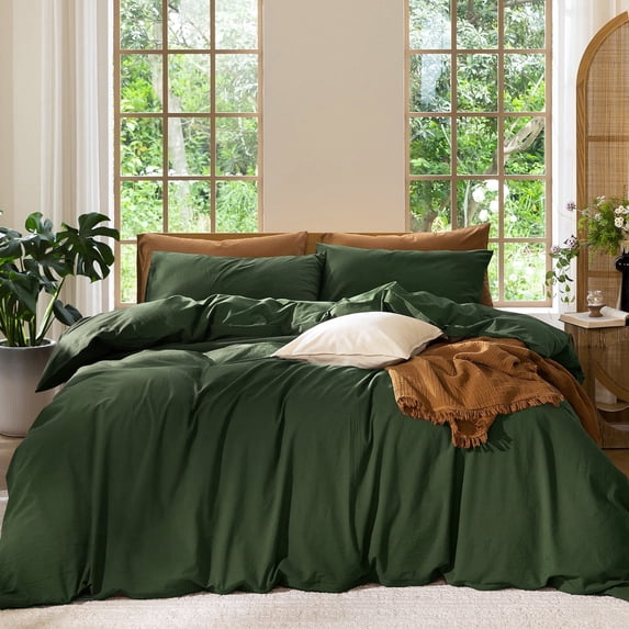 MooMee Duvet Cover Set Oversized King 100% Washed Cotton Linen Like Textured Breathable 3-Piece (Forest Green, 120"x98")