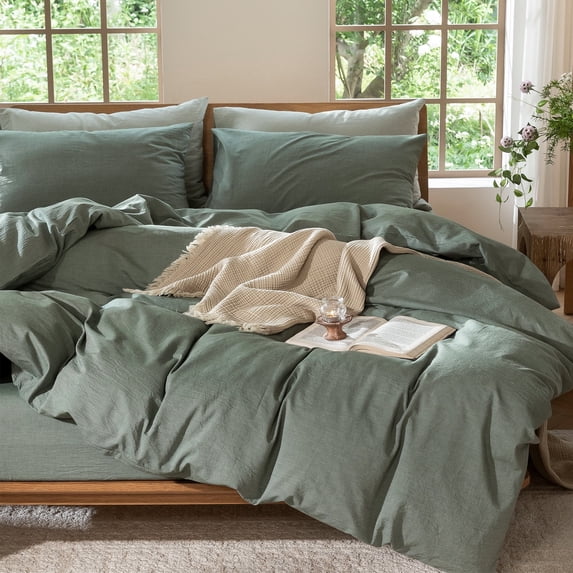 MooMee 100% Washed Cotton Duvet Cover Set Queen Linen Like Textured Breathable Lightweight 3-Piece (Heathered Green, 90"x90")
