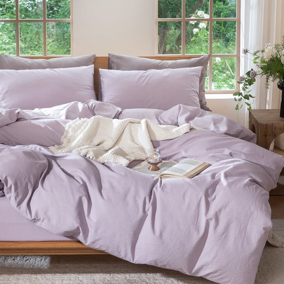 MooMee 100% Washed Cotton Duvet Cover Set Queen Linen Like Textured Breathable 3-Piece (Light Purple, 90"x90")