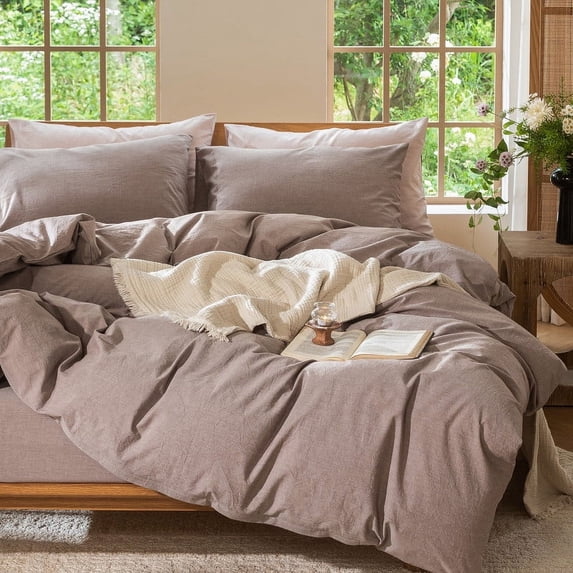 MooMee 100% Washed Cotton Duvet Cover Set Queen Linen Like Textured Breathable Lightweight 3-Piece (Mauve Brown, 90"x90")