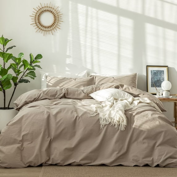 MooMee Washed Cotton Duvet Cover Set Linen Like Textured Breathable 3-Piece (Light Camel, Oversized King)