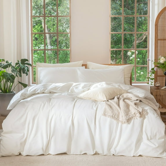 MooMee Duvet Cover Set Oversized King 100% Washed Cotton Linen Like Textured Breathable Soft Lightweight 3-Piece (Off White, 120"x98")