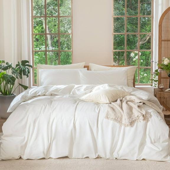 MooMee Duvet Cover Set Queen 100% Washed Cotton Linen Like Textured Breathable Soft Lightweight 3-Piece (Off White, 90"x90")