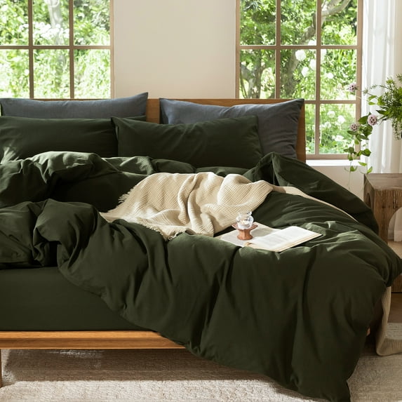 MooMee 100% Washed Cotton Duvet Cover Set Queen Size Linen Like Textured Breathable Lightweight 3-Piece (Olive Green, 90"x90")