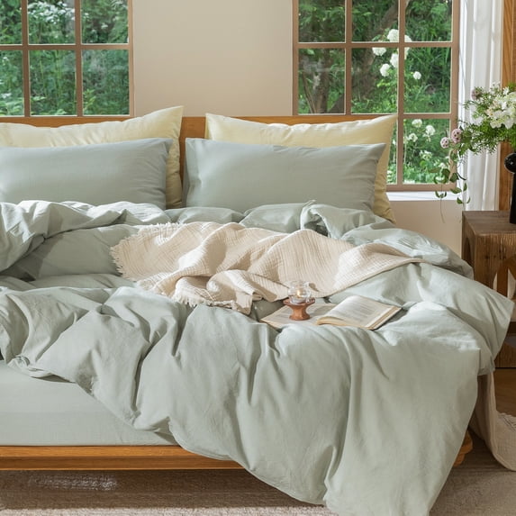 MooMee 100% Washed Cotton Duvet Cover Set Oversized King Linen Like Textured Breathable Lightweight 3-Piece (Sage Green, 120"x98")