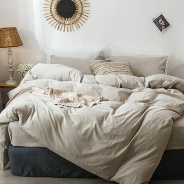 MooMee 100% Washed Cotton Queen Duvet Cover Set Linen Like Textured Breathable 3-Piece (Tannish Linen Grey)