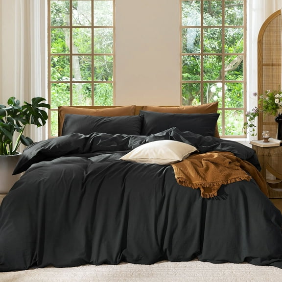 MooMee Duvet Cover Set Twin 100% Washed Cotton Linen Like Textured Breathable Soft 2-Piece (Black, 68"x90")