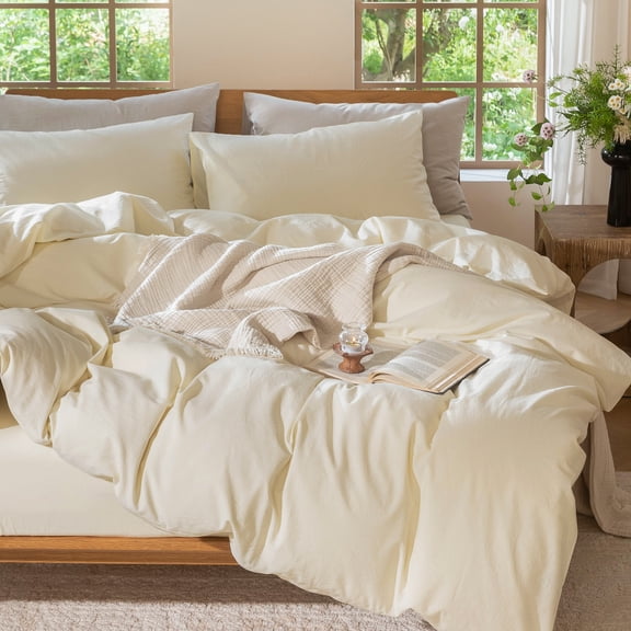 MooMee 100% Washed Cotton Duvet Cover Set Twin Size Linen Like Textured Breathable Lightweight Soft 2-Piece (Cream White, Twin)