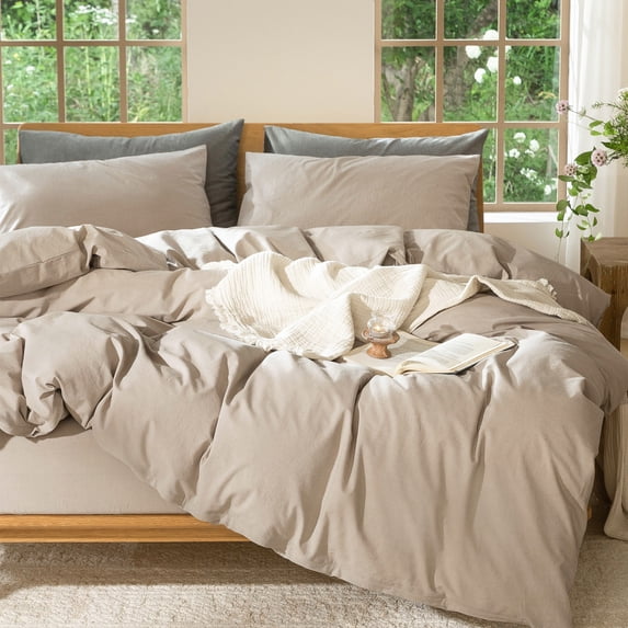 MooMee Duvet Cover Set Twin 100% Washed Cotton Linen Like Textured Breathable Soft 2-Piece (Taupe, 68"x90")