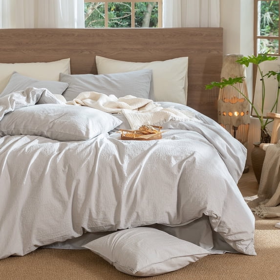 MooMee Wavy Striped Duvet Cover Set King 100% Washed Cotton Linen Like Textured Breathable 3-Piece (Light Grey, 104"x90")
