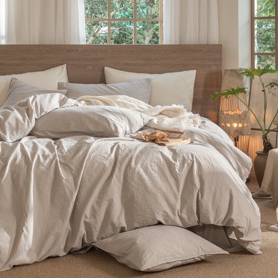 MooMee Wavy Striped Duvet Cover Set Queen 100% Washed Cotton Linen Like Textured Breathable 3-Piece (Beige, 90"x90")
