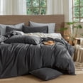 thumbnail image 1 of MooMee Wavy Striped Duvet Cover Set Queen 100% Washed Cotton Linen Like Textured Breathable 3-Piece (Charocal Grey, 90"x90"), 1 of 7