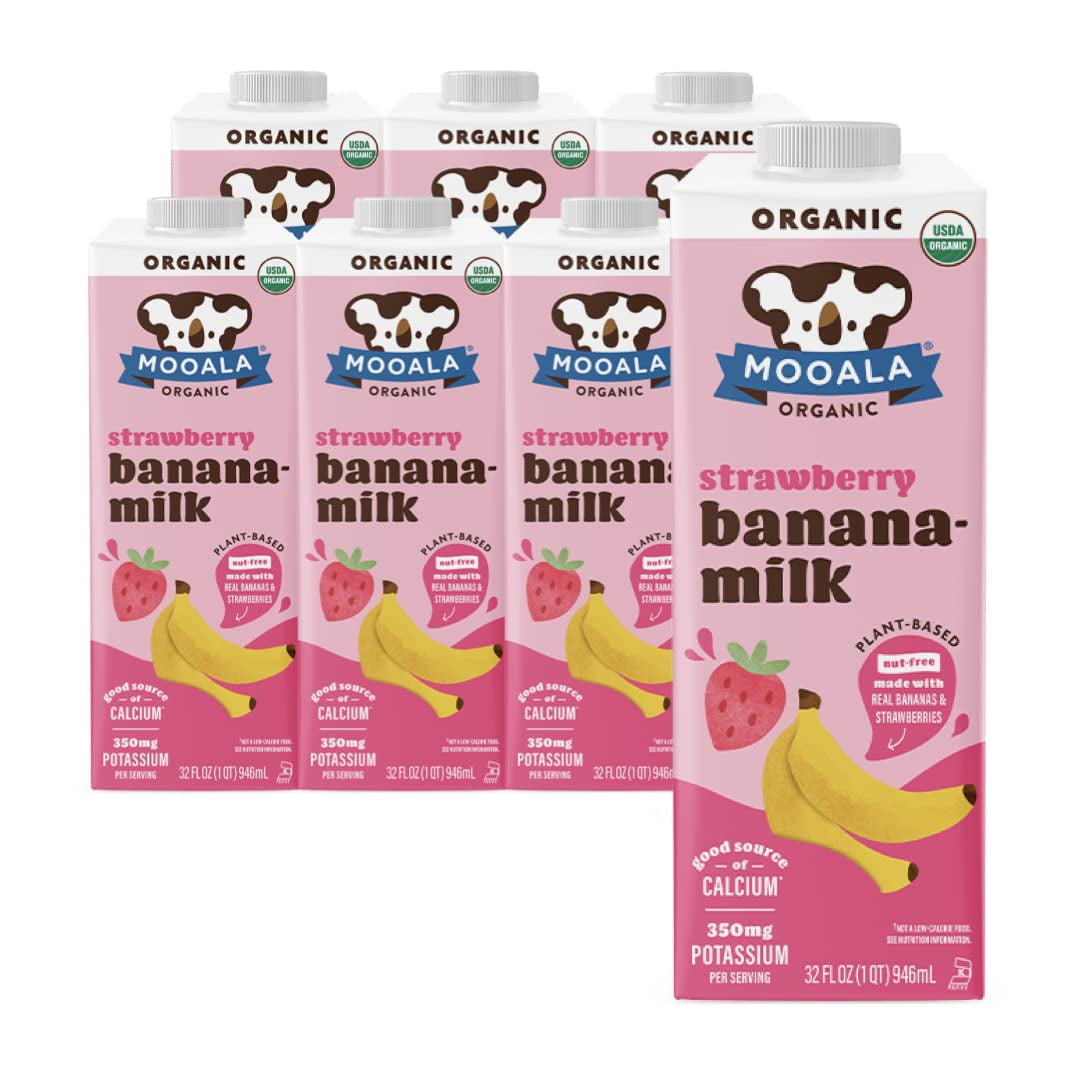 Mooala Organic Strawberry Bananamilk, 1L (Pack of 6) Shelf-Stable, Non-Dairy, Nut-Free, Gluten-Free, Plant-Based Beverage with No Added Sugar