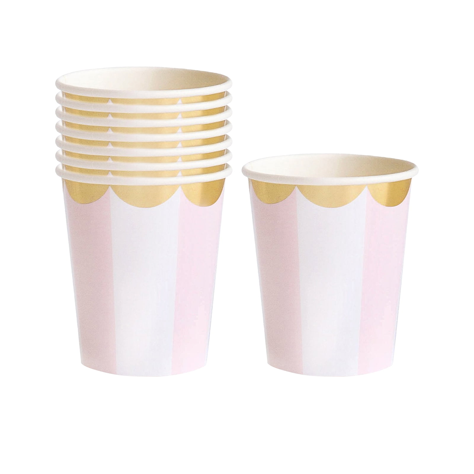 Moobody 8Pcs Disposable 270Ml Paper Cups Pink Stripes Tableware Set Ecological Dinnerware for