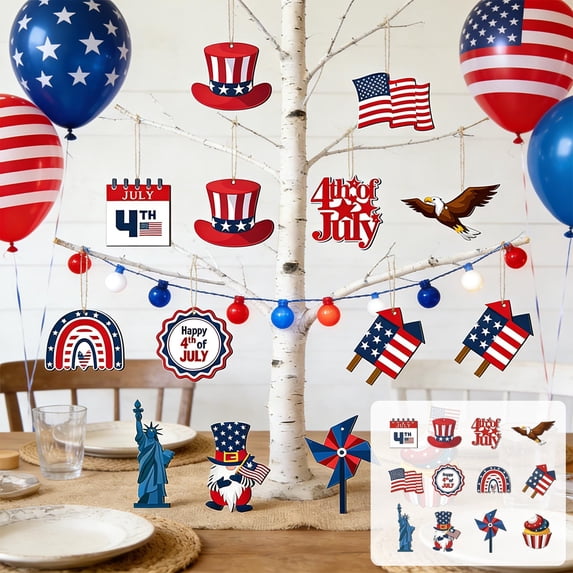 Moocorvic 12 Pcs 4th of July Wooden Tree Hangings,Home Decor Hangings With A variety of activity accessories for Independence Day Tree Decor