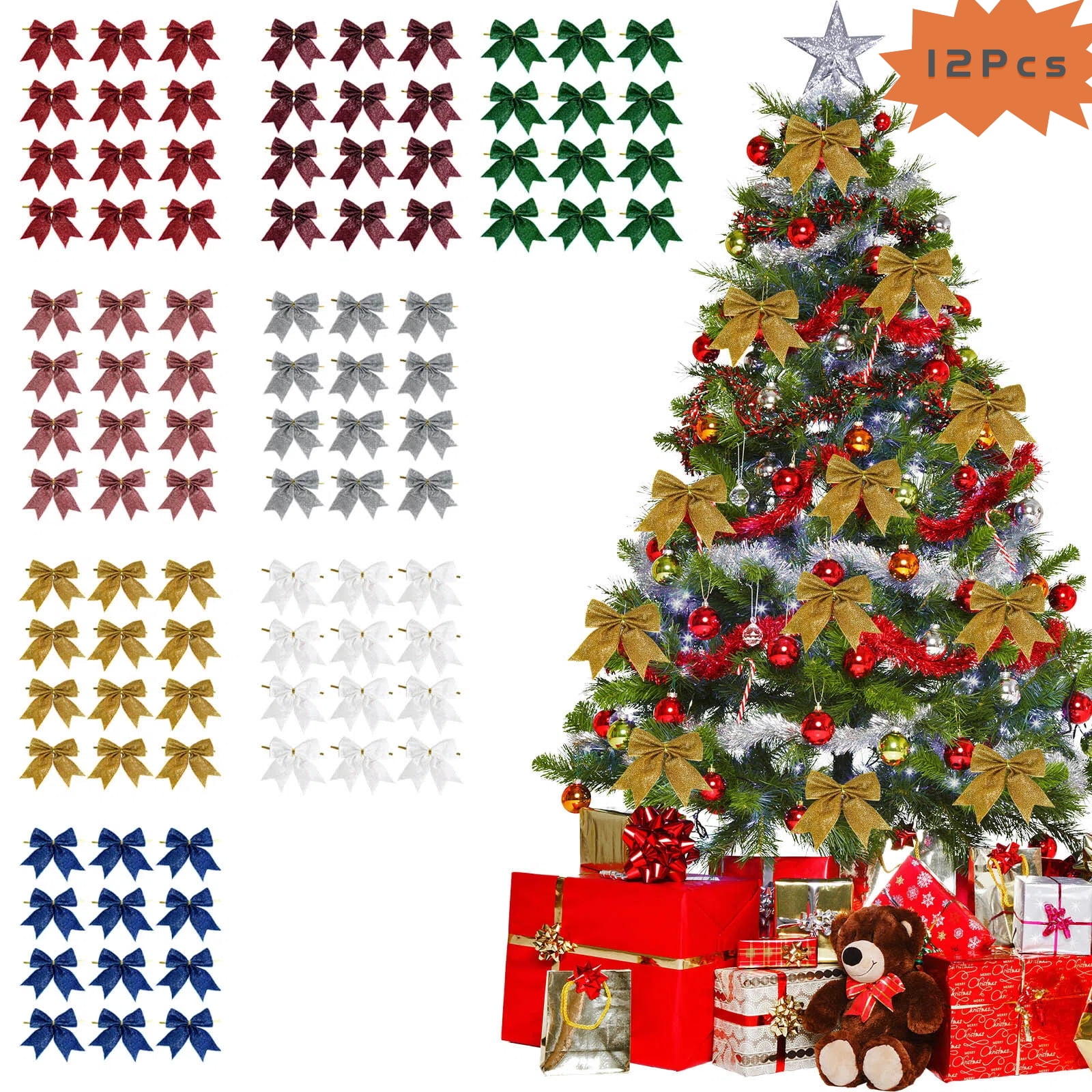 Moocorvic 12 Pcs Gold Glitter Bows for Christmas Tree Decorations, Gift ...