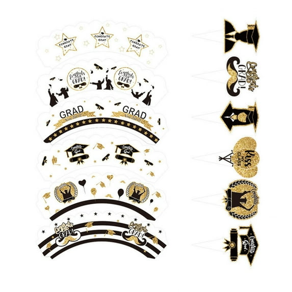 Moocorvic 12Pcs Congrats Grad Dessert Decorating Kit Graduation Cupcake Toppers 2025 Black And Gold Glitter Assorted Design Paper Cake Toppers