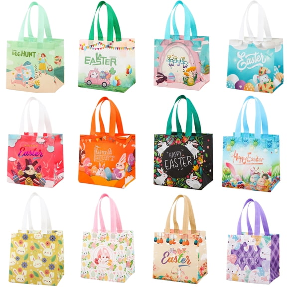 Moocorvic 12Pcs Happy Easter Egg Hunt Bags with Handle, Reusable Non Woven Tote Bunny Carrot Gift Bags Easter Baskets for Gift Wrap Holiday Party