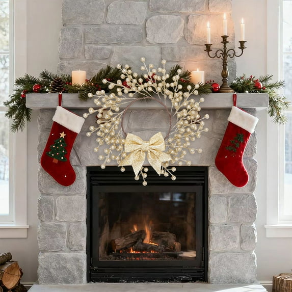 Moocorvic 13 Inch Artificial Gold Berry Wreath for Front Door, Xmas Holiday Winter Indoor Outdoor Farmhouse Wall Window