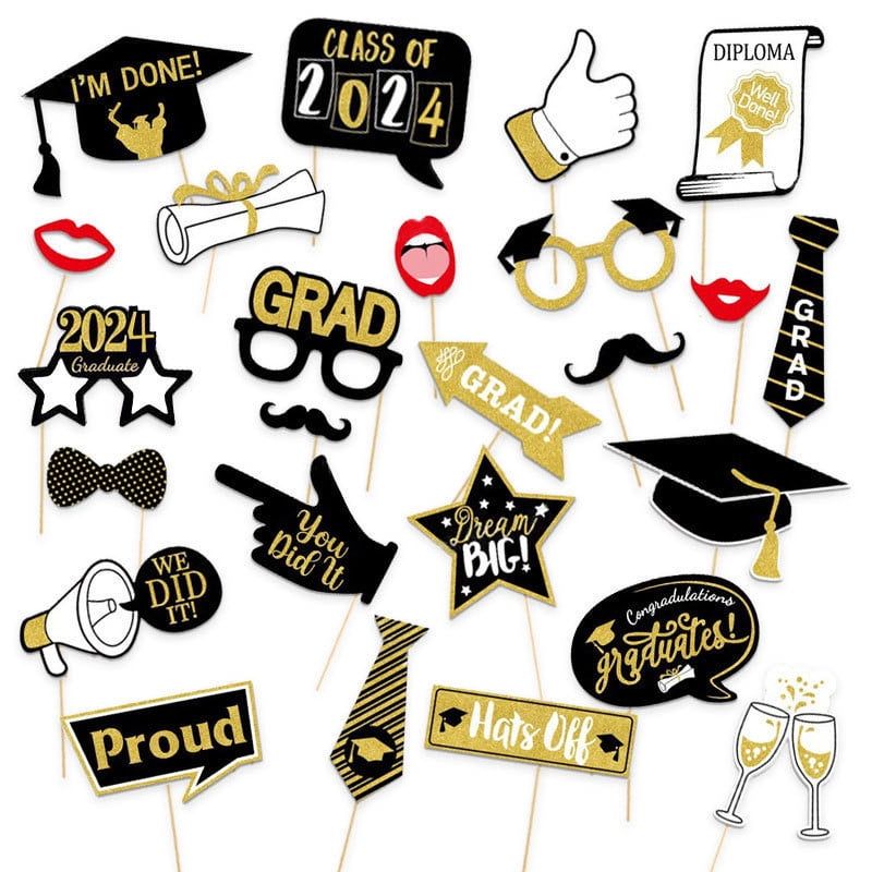 Moocorvic 25 Pieces Photo Booth Props DIY Kit Graduation Decorations 2025 Party Supplies Favors with Hats, Glasses, Mouth, Cups, Bowties