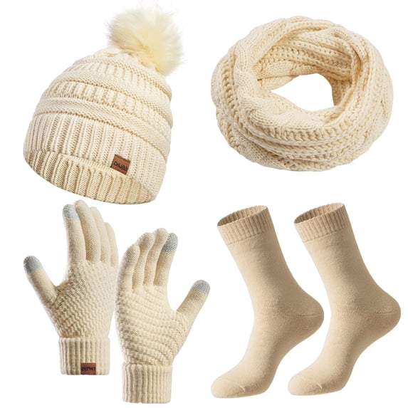 Moocorvic 4Pcs Women Winter Knit Beanie Hat Scarf Gloves Socks Warm Set, Valentine's Day Gift for Her - Beige