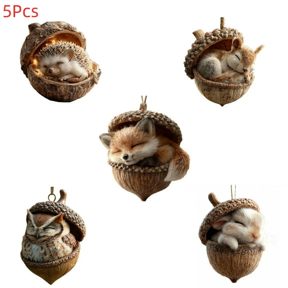 Moocorvic 5Pcs 3D Forest Animal Acorn Christmas Ornaments for Xmas Tree Decorations, Holiday Gifts for , 3.15 Inch