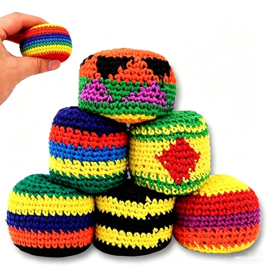 Moocorvic 6PCS Hand-Made Knitted Footbag, 2026 Upgraded Assorted Foot Bag Crochet Ball for Adults, Stress Relief Juggling Balls for Beginners, Multicolored Geometric Pattern, Ready-to-Use