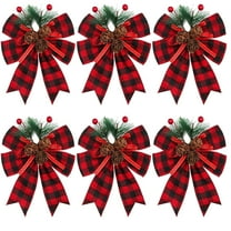 Moocorvic 6Pcs Red Plaid Christmas Bows with Pine Cones, Red Berry and Pine Needles, Christmas Tree Wreath Decoration Indoor