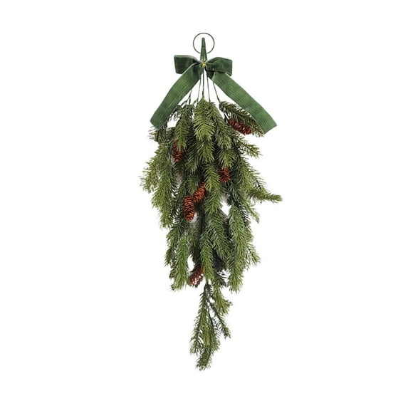 Moocorvic Artificial Christmas Teardrop Decor with Pine Cones, Green Fake Plants Pines Needles for Winter Wedding Decor, Wall & Window Decor, Front Door(27.6'')