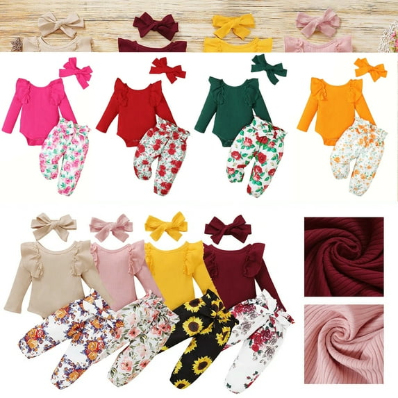Moocorvic Baby Girl Clothes Outfits Toddler Infant Baby Ruffle Romper Top+Floral Pants and Cute Headband Clothing Set for Girls 3-24 Months(Light-pink,18-24 Months)