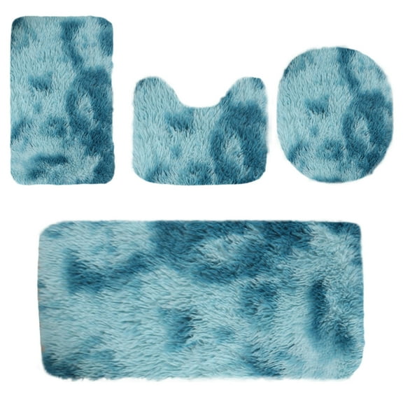 Moocorvic Bathroom Rugs Sets 4 Piece with Toilet Cover, Tie-dye Shaggy Bath Mat Non Slip Washable Absorbent Microfiber U-Shaped Contour Toilet Mat(Blue)