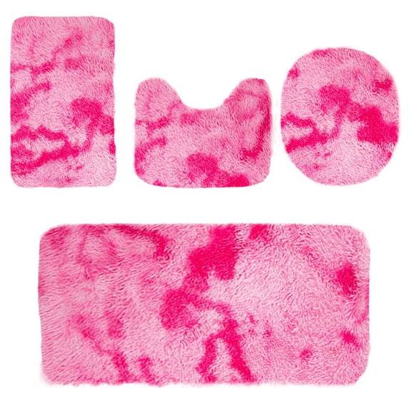 Moocorvic Bathroom Rugs Sets 4 Piece with Toilet Cover, Tie-dye Shaggy Bath Mat Non Slip Washable Absorbent Microfiber U-Shaped Contour Toilet Mat(Pink)