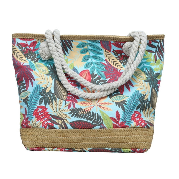 Moocorvic Beach Bag For Women Blue Print Leaves Pattern Summer Large Beach Tote Bag Travel Canvas Handbag Zipper Closure Shoulder Bag