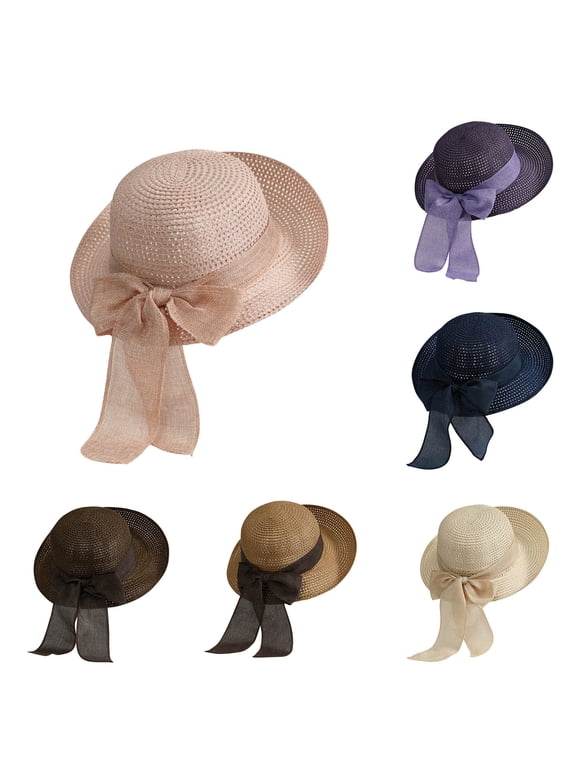 Beach Sun Straw Hats for Women, Sun Protection Wide Brim Summer Hat Foldable Packable Roll up Cap with Bow Ribbon
